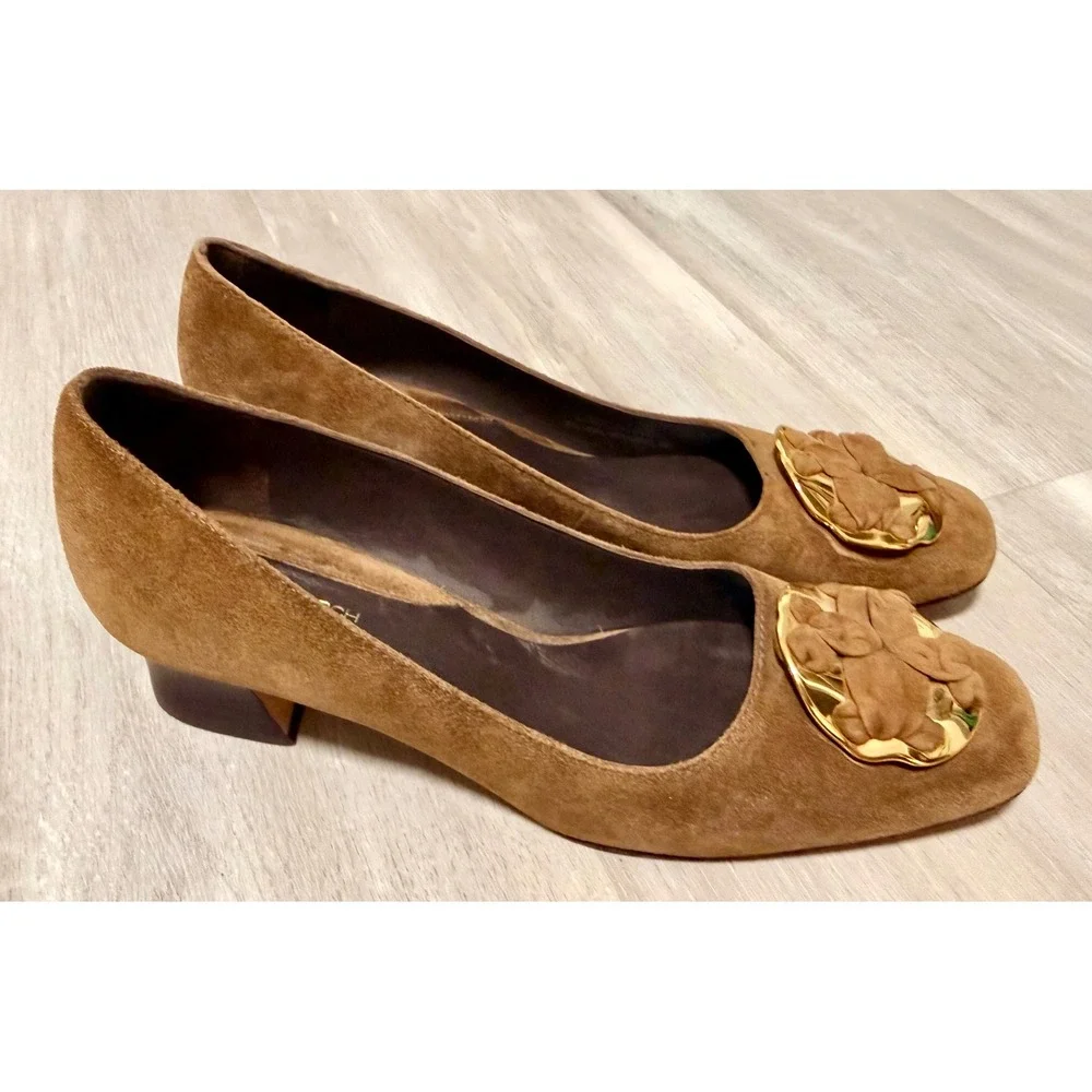 Tory Burch Suede Block Heel Pumps Women 8M Brown Good Gold Logo Medallion